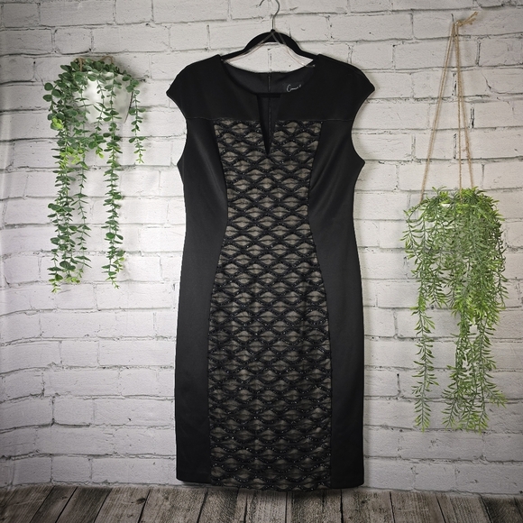 Connected Apparel Black Cocktail Dress With Center Lacey Sparkle, V Neck, Size12 - Picture 1 of 7